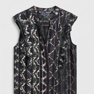 Anthropologie Black V-Neck Ruffle Camisole with Green and Pink Print